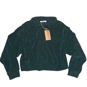 Project Social T Cleo Buttoned Chenille Relaxed Crop Sweater Teal Size Med NWT
